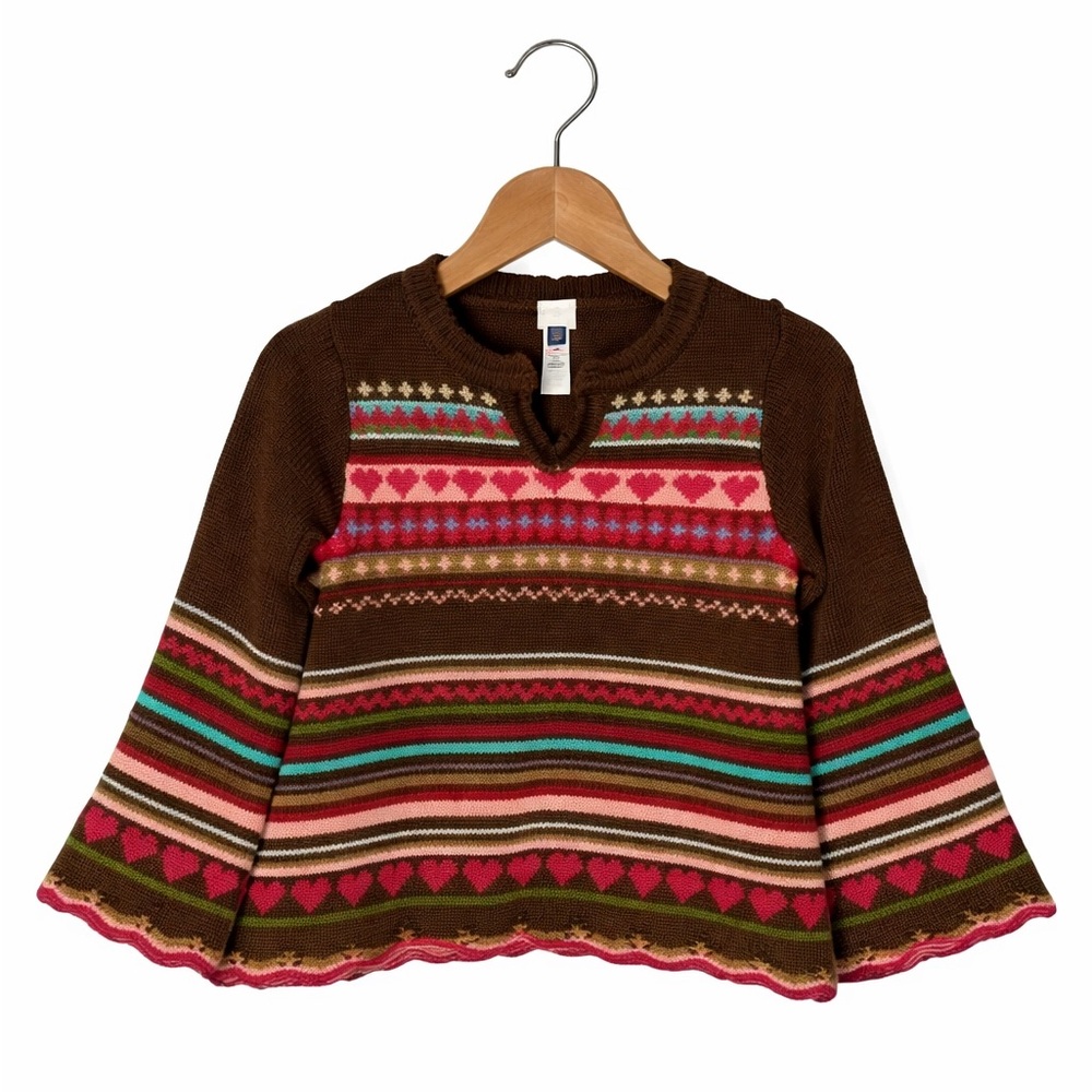 GAP Factory Fair Isle Heart Sweater Toddler Girls 18-24 Months Brown Bell Sleeve